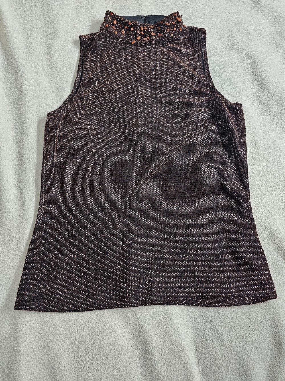 XSCAPE by Lawrence Krtz Vintage Metallic Beaded Mock Neck Top Small Copper